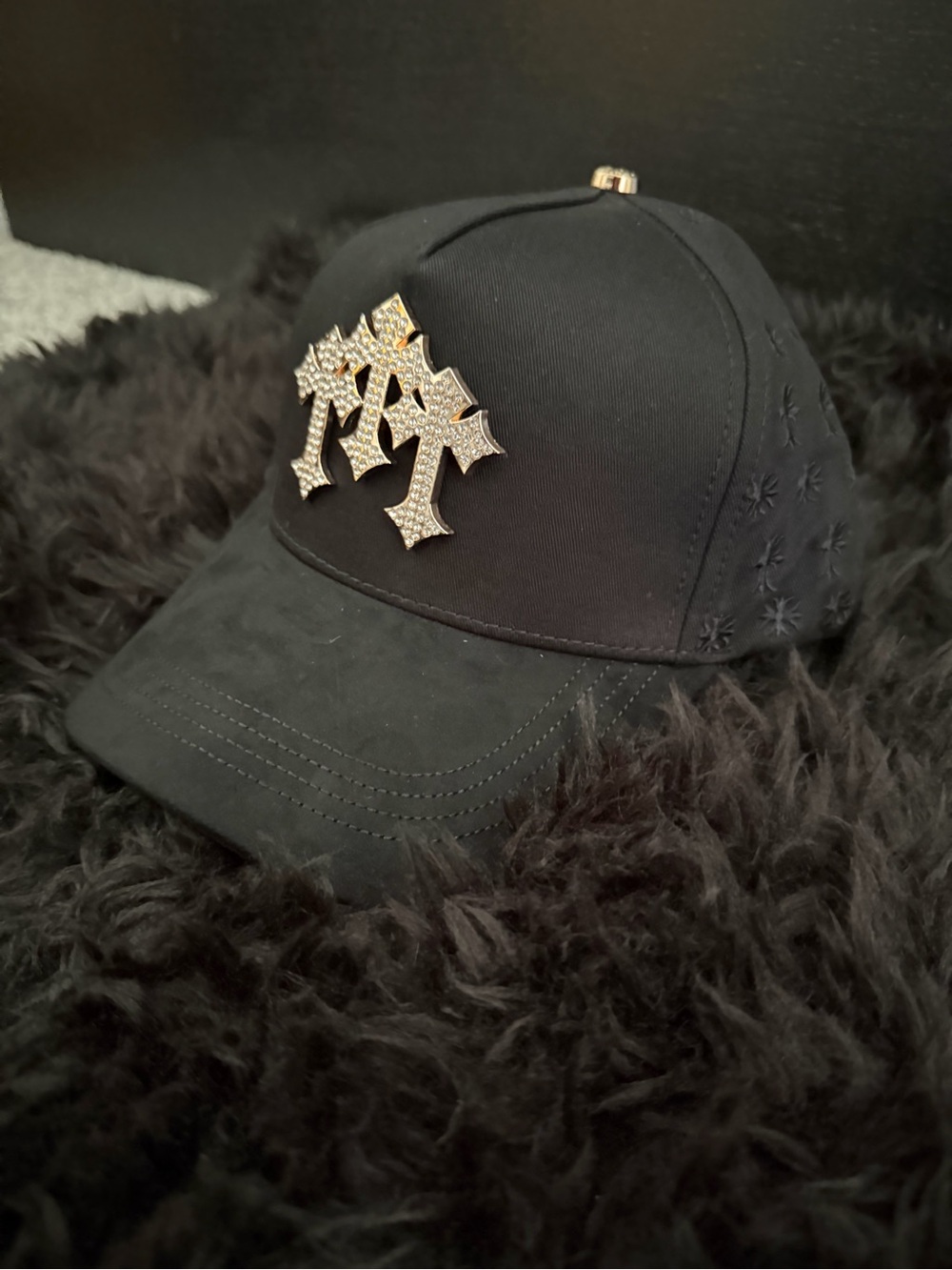 Black Men's Baseball Cap with Gold Crystal Emblem